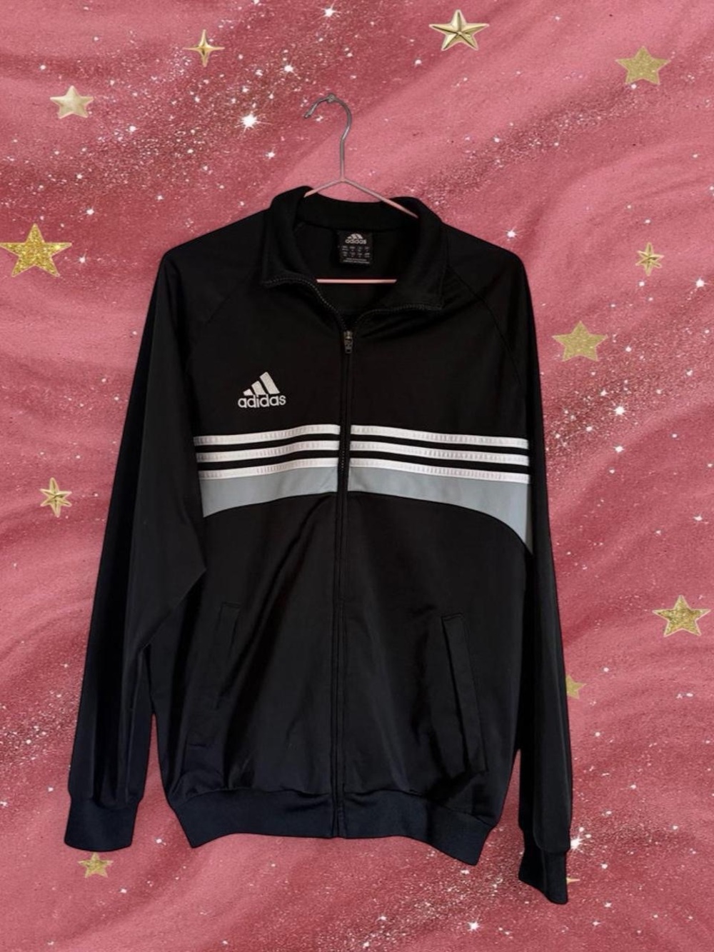 adidas Black Track Jacket with White Reflective Chest Stripes